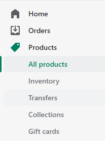 An image of the shopify dropdown bar highlighting the ‘all products’ button 